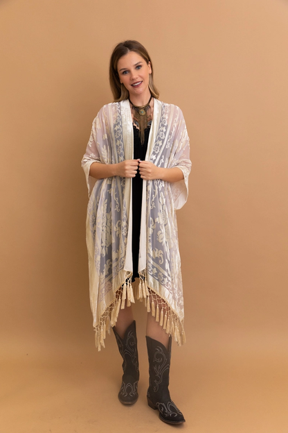 Sale - Victoria Velvet Burnout Mesh Tassel Kimono