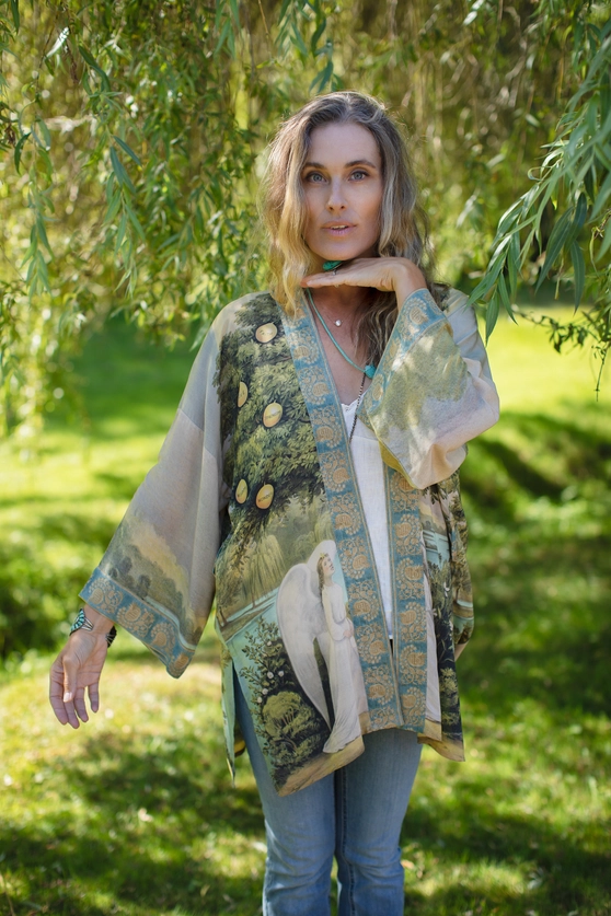 Tree of Life Matinée Duster Kimono w/ Dove Print Mid-Length