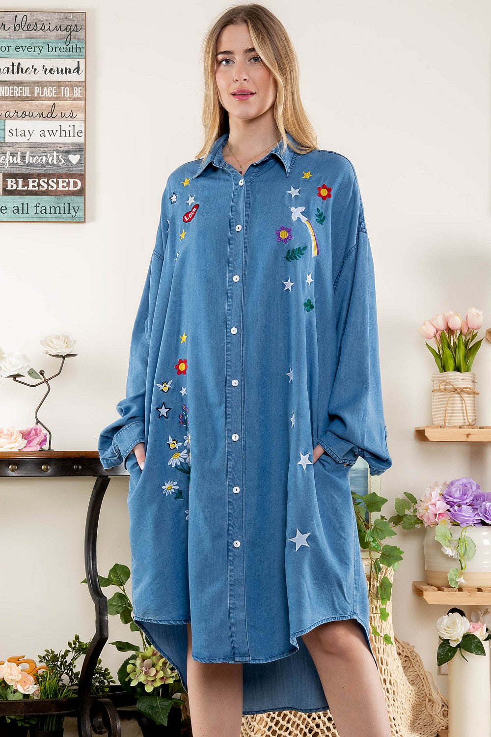 Just Twirl Denim Embroidered Button Down Tunic Dress