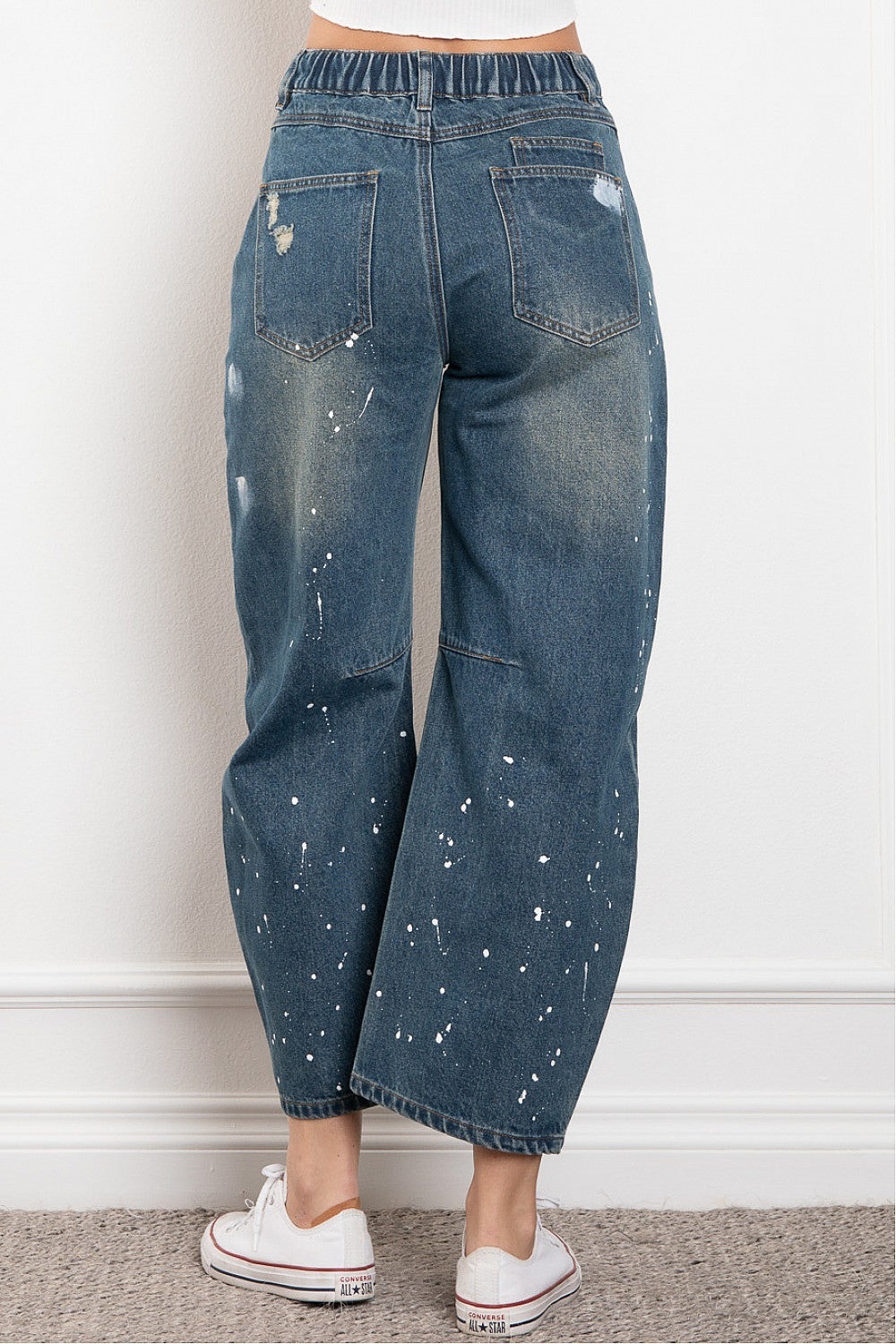 Cowgirl Up Splatter Effect Barrel Jeans w/ Rope Belt