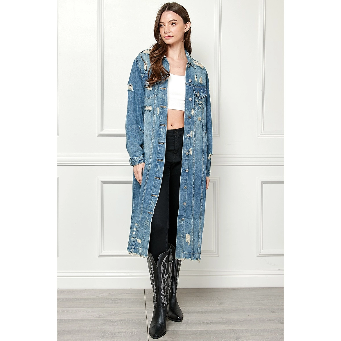 Final Sale - Jenny Distressed Light Wash Denim Long Jacket