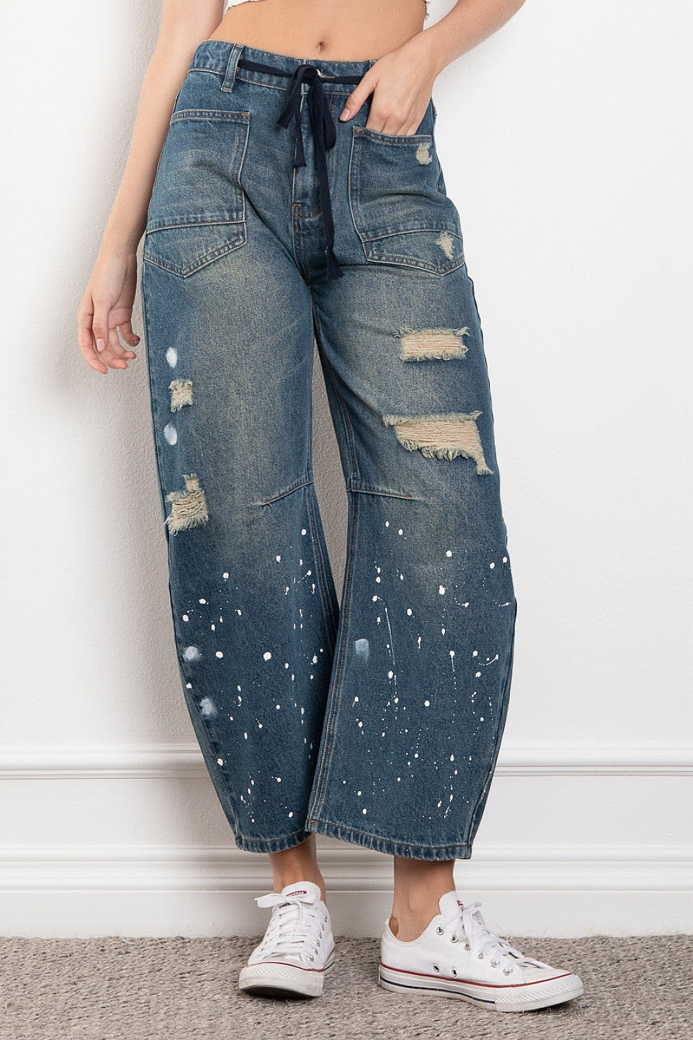 Cowgirl Up Splatter Effect Barrel Jeans w/ Rope Belt