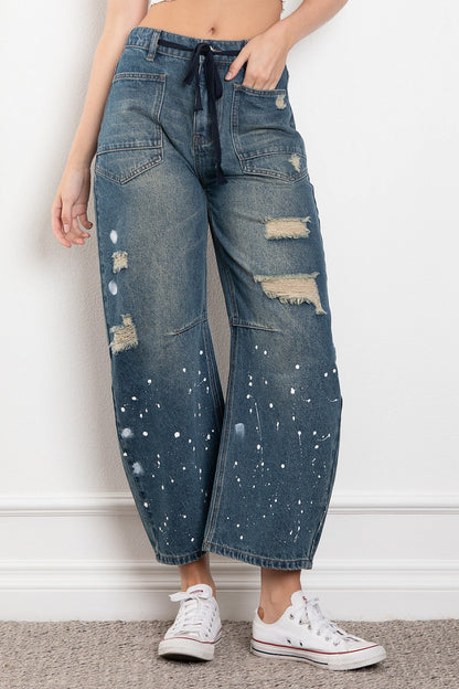 Cowgirl Up Splatter Effect Barrel Jeans w/ Rope Belt