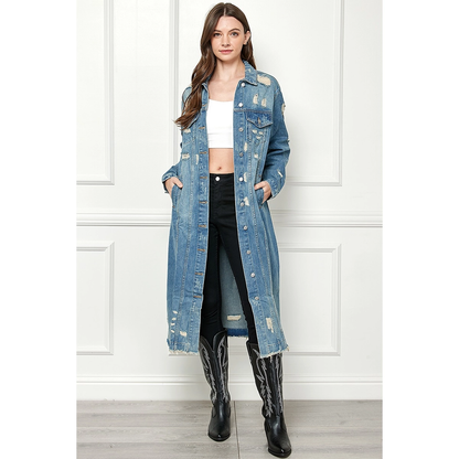 Final Sale - Jenny Distressed Light Wash Denim Long Jacket