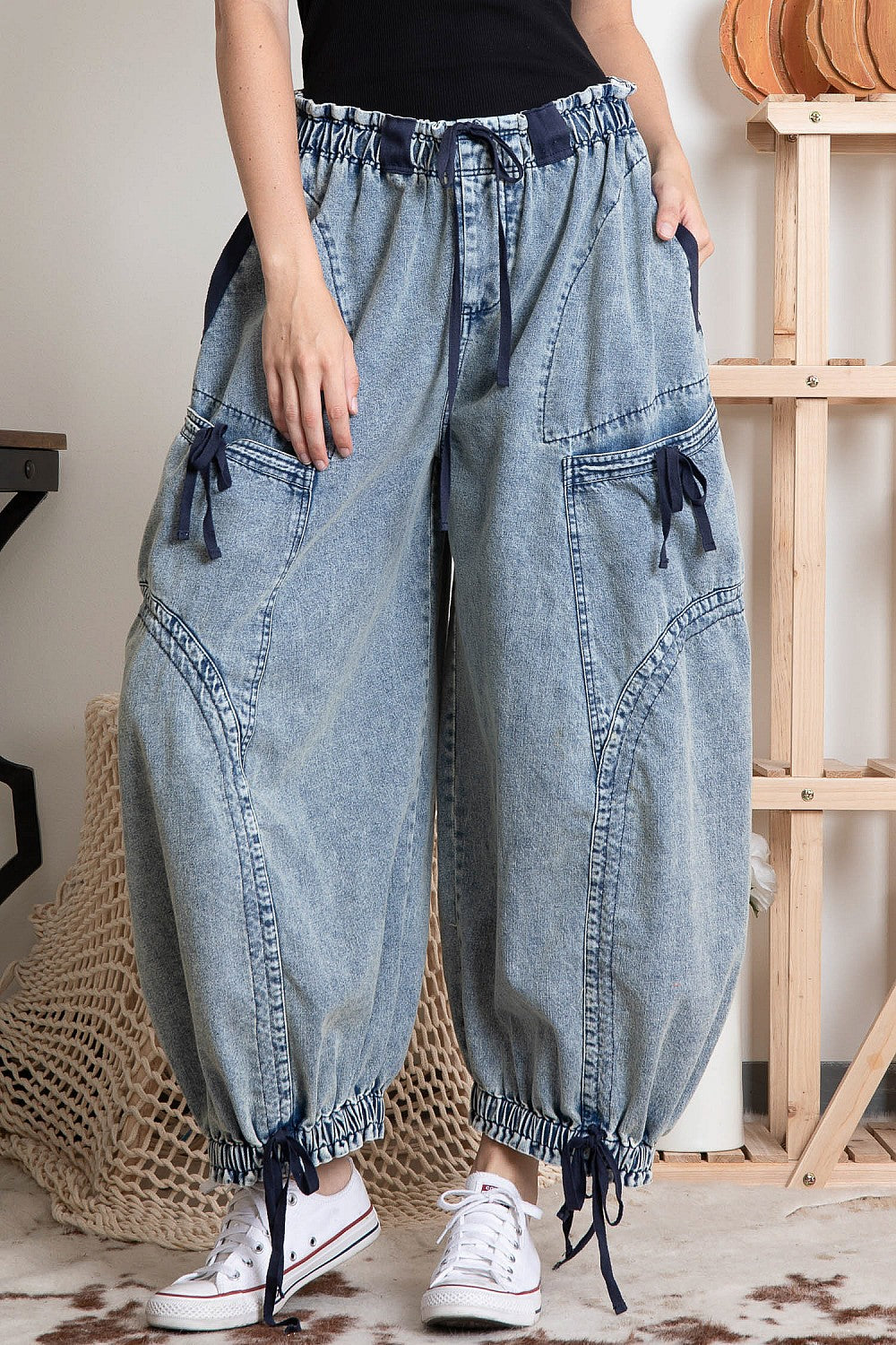 DENIM CARGO DRAWSTING PANTS