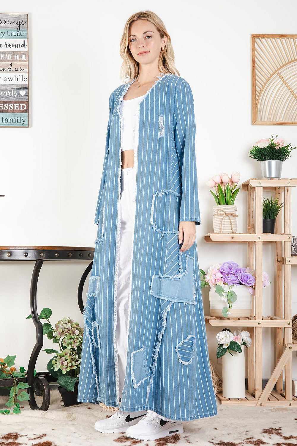 The Everyday Casual Long Sleeve Frayed Denim Duster Jacket