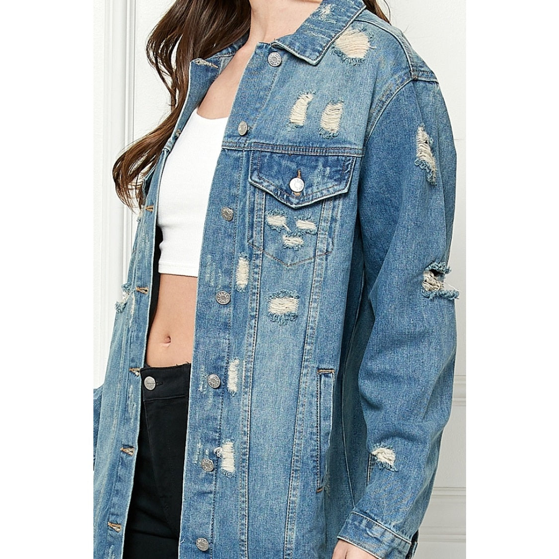 Final Sale - Jenny Distressed Light Wash Denim Long Jacket