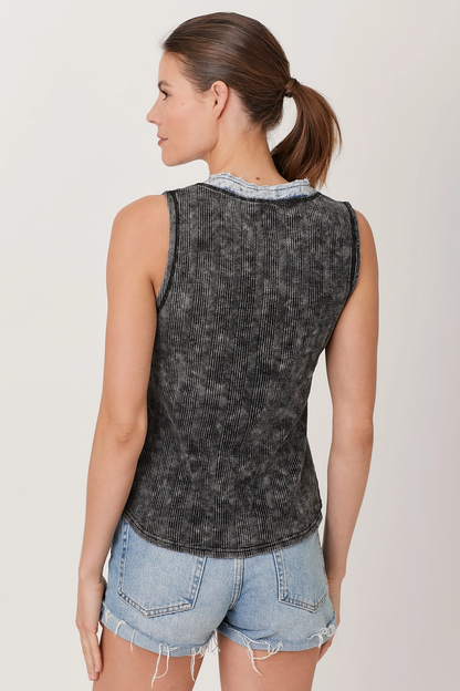 SALE Jen Washed Button Down Henley Tank in Black