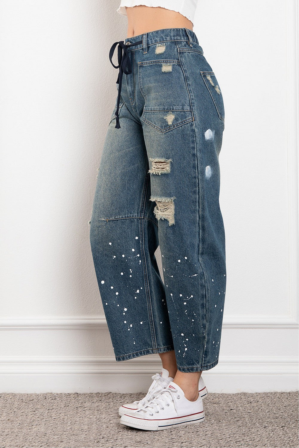 Cowgirl Up Splatter Effect Barrel Jeans w/ Rope Belt